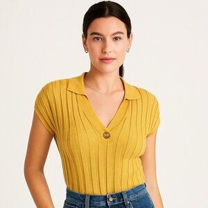 Iris Setlakwe Mustard Ribbed Knit Silk Blend Collared Sweater Shirt Size XL